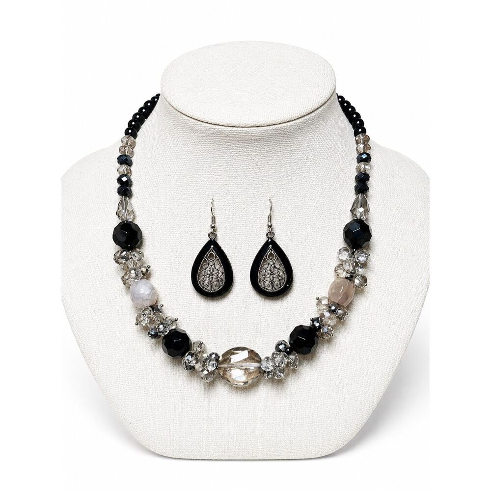 Black Gray Crystal Glass Beaded Statement Necklace Earring Set